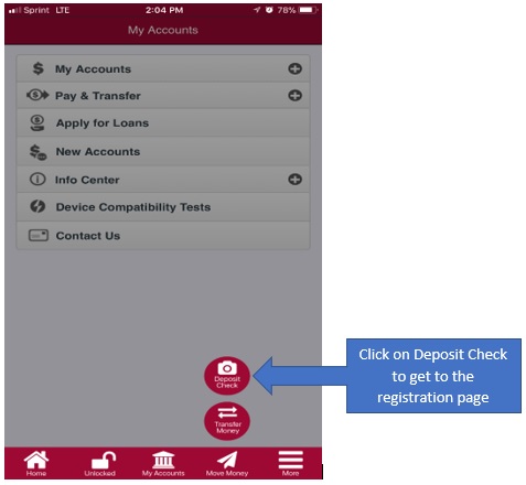 Graphic showing the second step in signing up for mobile deposit capture, clicking on deposit check icon